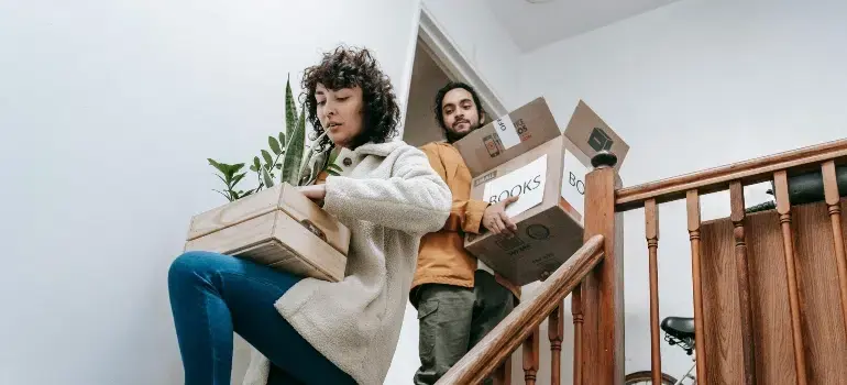 Tips For Moving With Plants Long-Distance 2 Person carefully moving plants prepared for a long-distance move with plants.